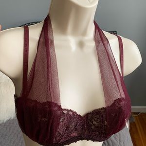 La perla wine color mesh overlay lace bra